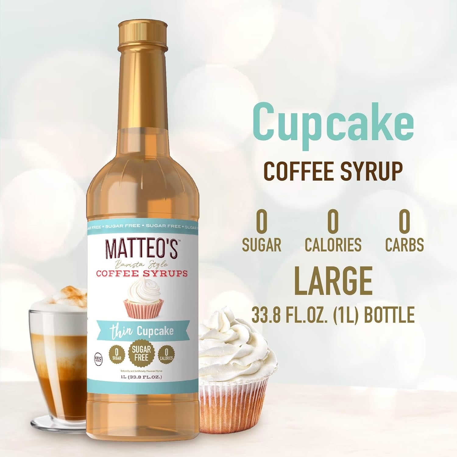 Sugar-free coffee syrup, Thin cupcake flavour syrup, Keto-friendly coffee syrup, 33.8 oz syrup bottle, Barista-style coffee syrup