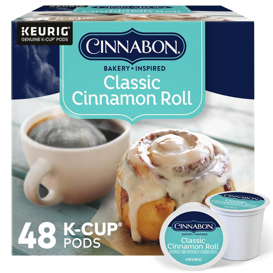 Cinnabon Cinnamon Roll K-Cup Pods, 48 count, light roast coffee, Arabica beans, Keurig compatible, kosher certified.