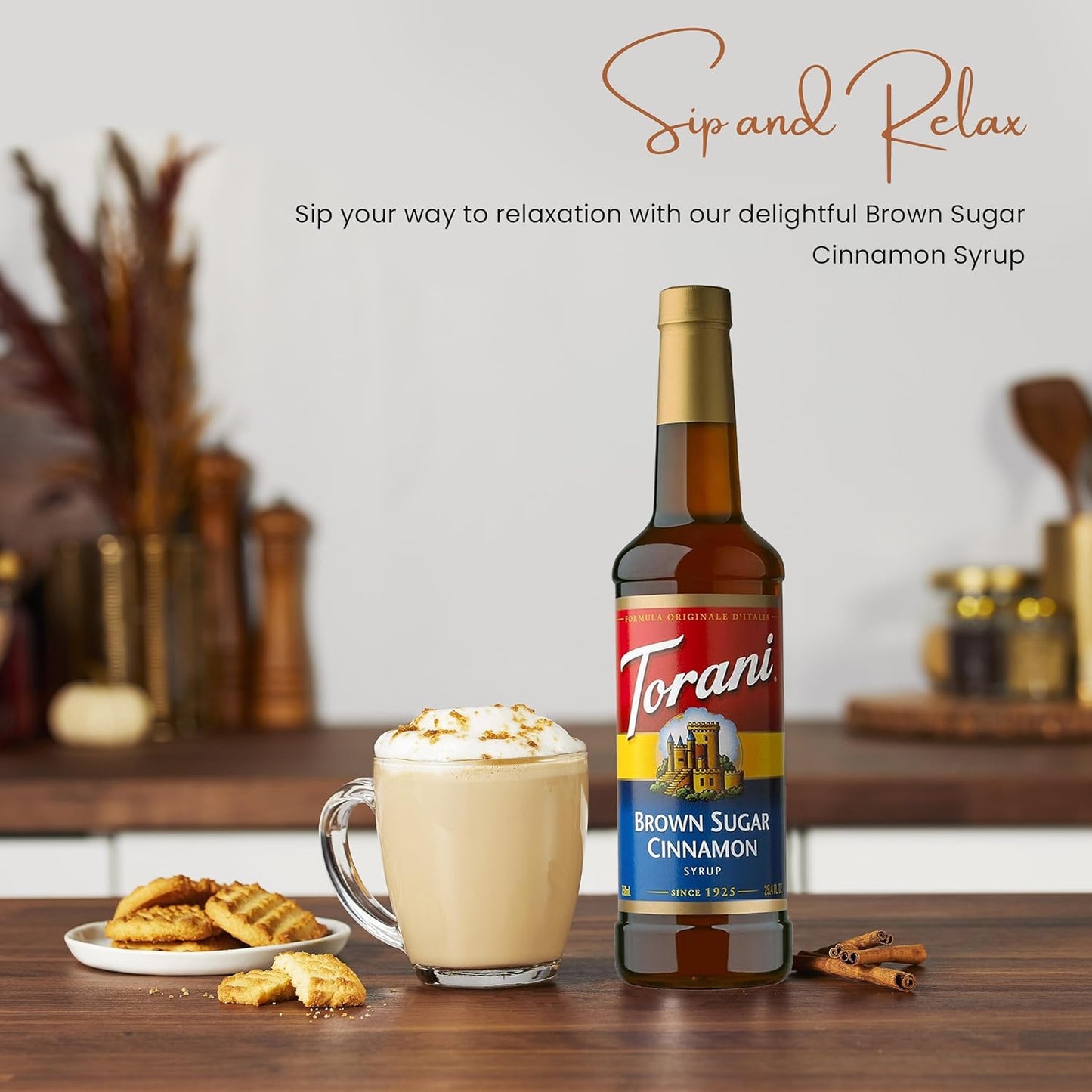 Torani Brown Sugar Cinnamon Syrup, coffee flavoring syrup, coffee syrup with pump, 25.4 oz syrup, flavored syrup for drinks