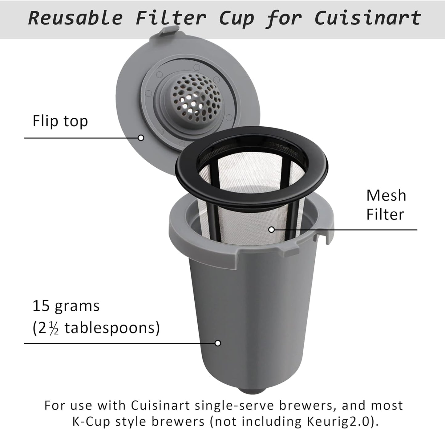 Reusable Filter Cup for Cuisinart, BPA-Free Coffee Filter, Gray, 2 Pack, HomeBarista Compatible, Single-Serve Coffee