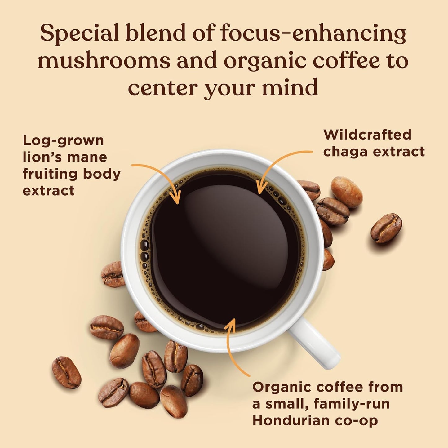 Dark roast coffee beans with Lion’s Mane and Chaga mushrooms, nootropic mushroom coffee, immune-boosting organic coffee, fair trade coffee beans, whole bean coffee with brain function support.