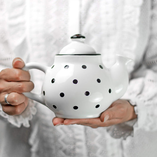 Ceramic 26 Oz Teapot, White & Black Polka Dot Teapot, Handcrafted Teapot, Blooming and Loose Tea Teapot, Microwave Safe Teapot