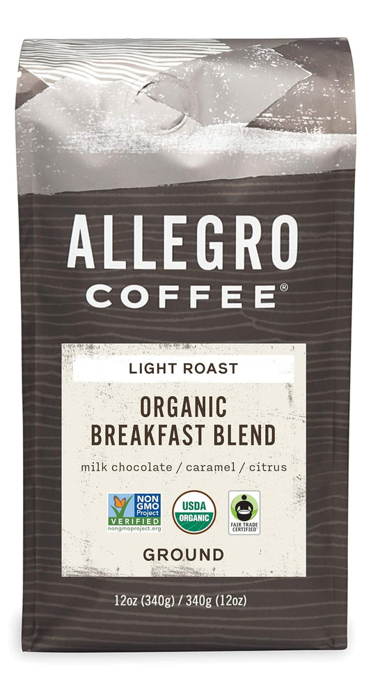 Organic Breakfast Blend Ground Coffee, 12 Oz, bright and citrusy with milk chocolate and caramel notes.