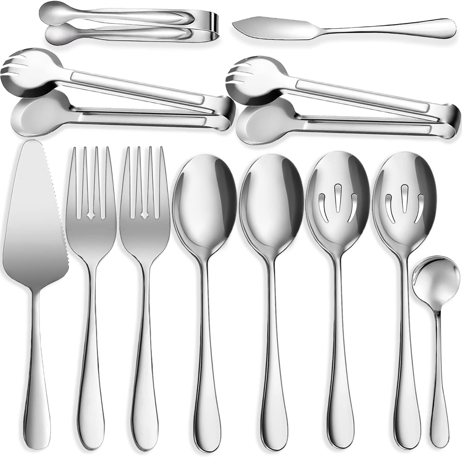 12 PCS Stainless Steel Serving Utensils Set, Silver Serving Utensils, Buffet Catering Utensils, Party Serving Set, Durable Serving Spoons and Forks