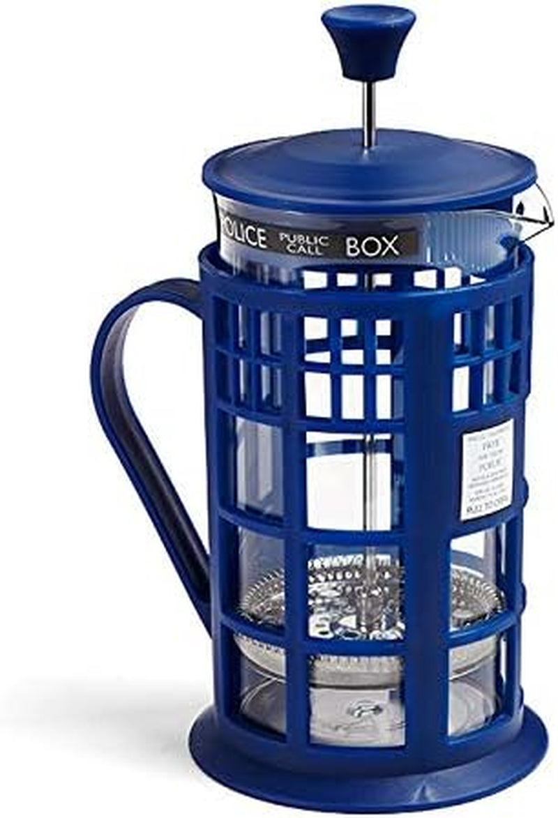 34 oz TARDIS French Press with glass carafe, plunger, and filter inspired by Doctor Who