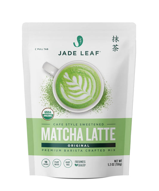 Organic Sweetened Matcha Latte Mix 5.3 oz Pouch, Premium Japanese Matcha Latte Mix, Cafe-Style Sweetened Matcha Latte, USDA Organic Matcha Green Tea Mix, Dairy-Free Matcha Latte Powder, Gluten-Free Matcha Latte Mix, GMO-Free Matcha Green Tea Powder, Jade Leaf Matcha Latte Mix