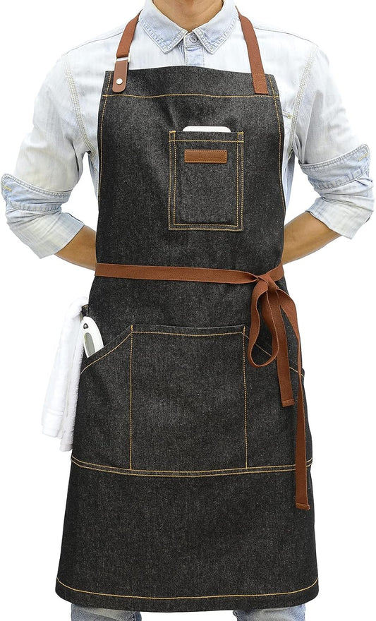 Denim Kitchen Apron with Pockets and Adjustable Neck Straps for Men and Women