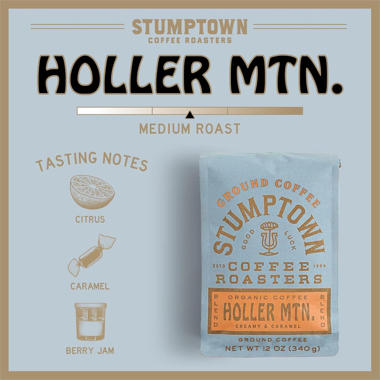 Stumptown Holler Mountain Organic Medium Roast Ground Coffee, 12 Oz Bag with flavor notes of citrus zest, caramel, and hazelnut.