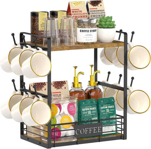 2-tier coffee bar organizer with 12 hooks, multi-functional countertop storage rack for mugs and coffee essentials, perfect for home or office coffee station.