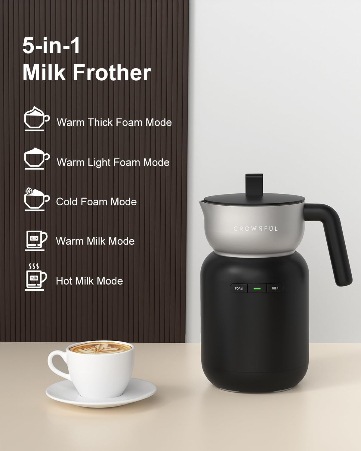 Electric milk frother, 5-in-1 milk frother, CROWNFUL milk steamer, coffee frother, latte frother, cappuccino frother, macchiato frother, automatic milk frother, dishwasher safe frother, milk frother with temperature control, black milk frother, hot and cold foam maker