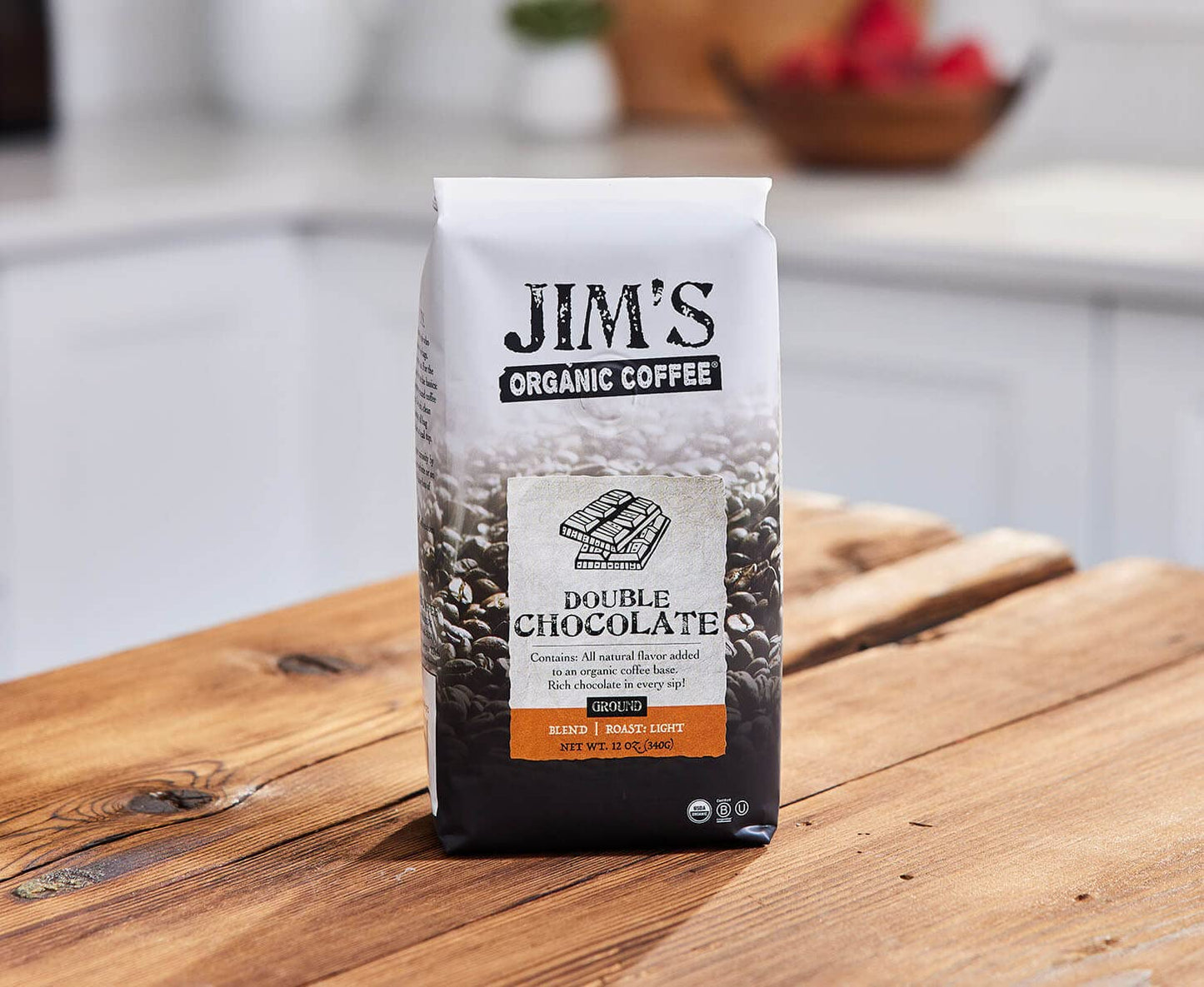 Jim's Organic Coffee Double Chocolate Light Roast 12 oz bag, Rich chocolate flavored organic coffee by Jim's Organic Coffee, Double chocolate ground coffee for drip brewing, USDA Certified Organic and Kosher light roast coffee, Premium 100% Arabica coffee beans with natural chocolate flavor, Artisan roasted chocolate flavored coffee beans, Jim's Organic Coffee with rich chocolate taste, Organic double chocolate coffee made in the USA