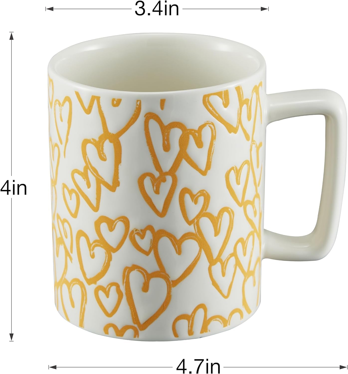 14oz porcelain coffee cup, large yellow ceramic tea cup, heart-shaped pattern mug, dishwasher safe belly mug, cappuccino latte mug, microwave-safe coffee mug, ceramic milk cup, large capacity coffee cup, gift mug for couples, stylish coffee tea cup.