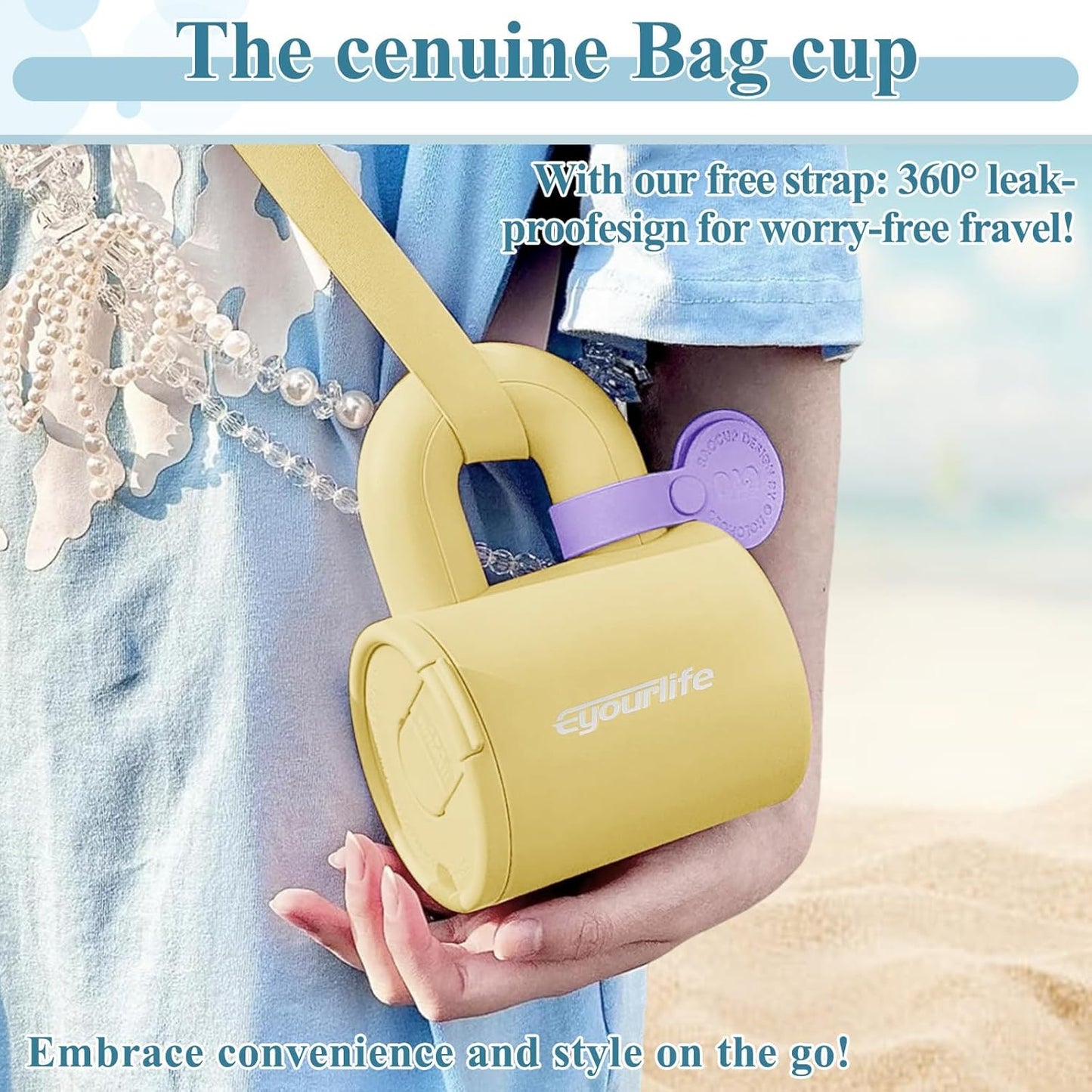 handbag shaped mug, chubby handle travel mug, stylish camping mug, unique coffee mug design, vibrant travel mug, high-quality TRITAN tumbler, 360° leakproof mug, yellow bag-shaped mug