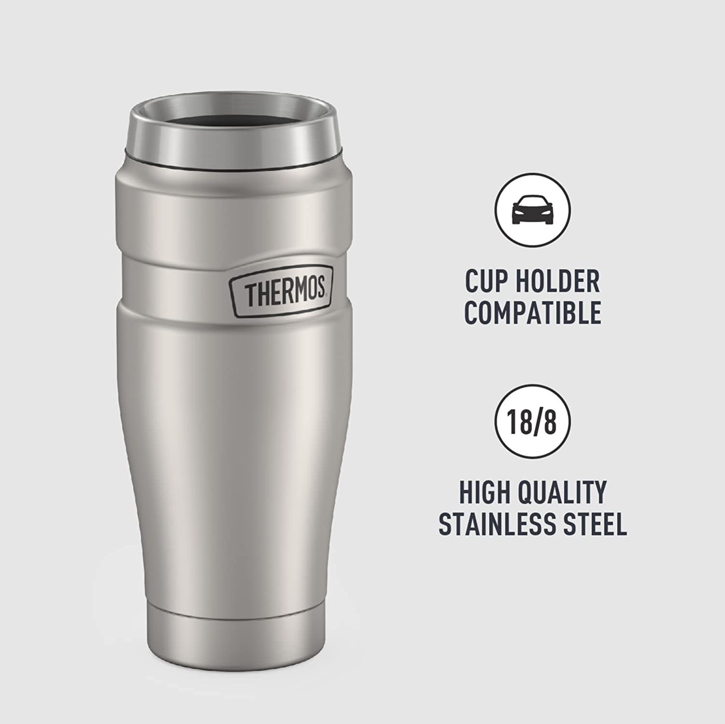 stainless steel travel tumbler, vacuum-insulated coffee mug, 16 oz matte steel tumbler, thermos travel mug, leak-proof travel cup, hot and cold beverage tumbler, durable stainless steel mug, thermos brand tumbler