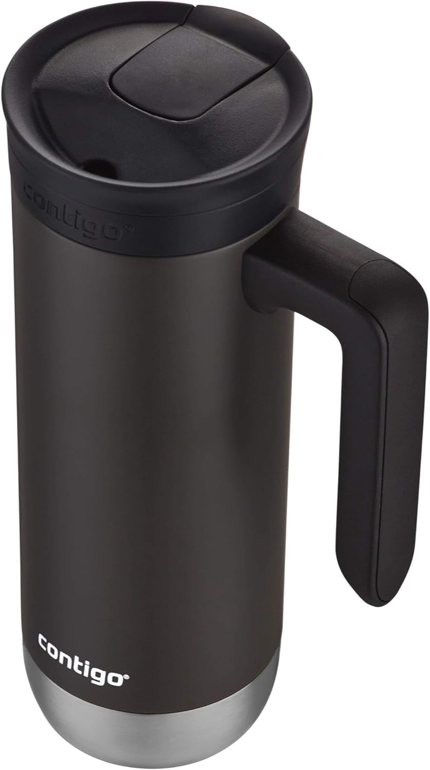 stainless steel travel mug with handle, leak-proof travel mug, insulated travel mug, 20 oz travel coffee mug, thermal travel mug, one-handed drinking travel mug, durable stainless steel mug, portable coffee mug