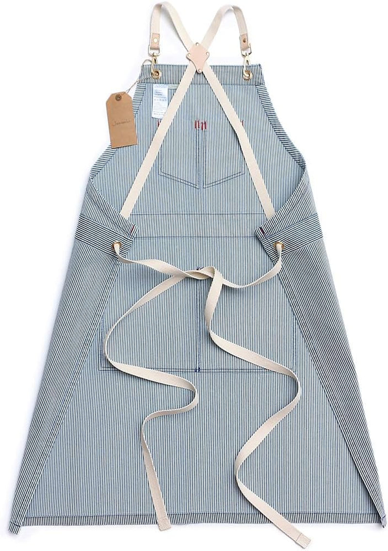 Blue Striped Denim Apron, Cross Back Adjustable Apron, Unisex Apron with Pockets, Barista Chef Barber Painter Gardener Apron, Jeanerlor Apron