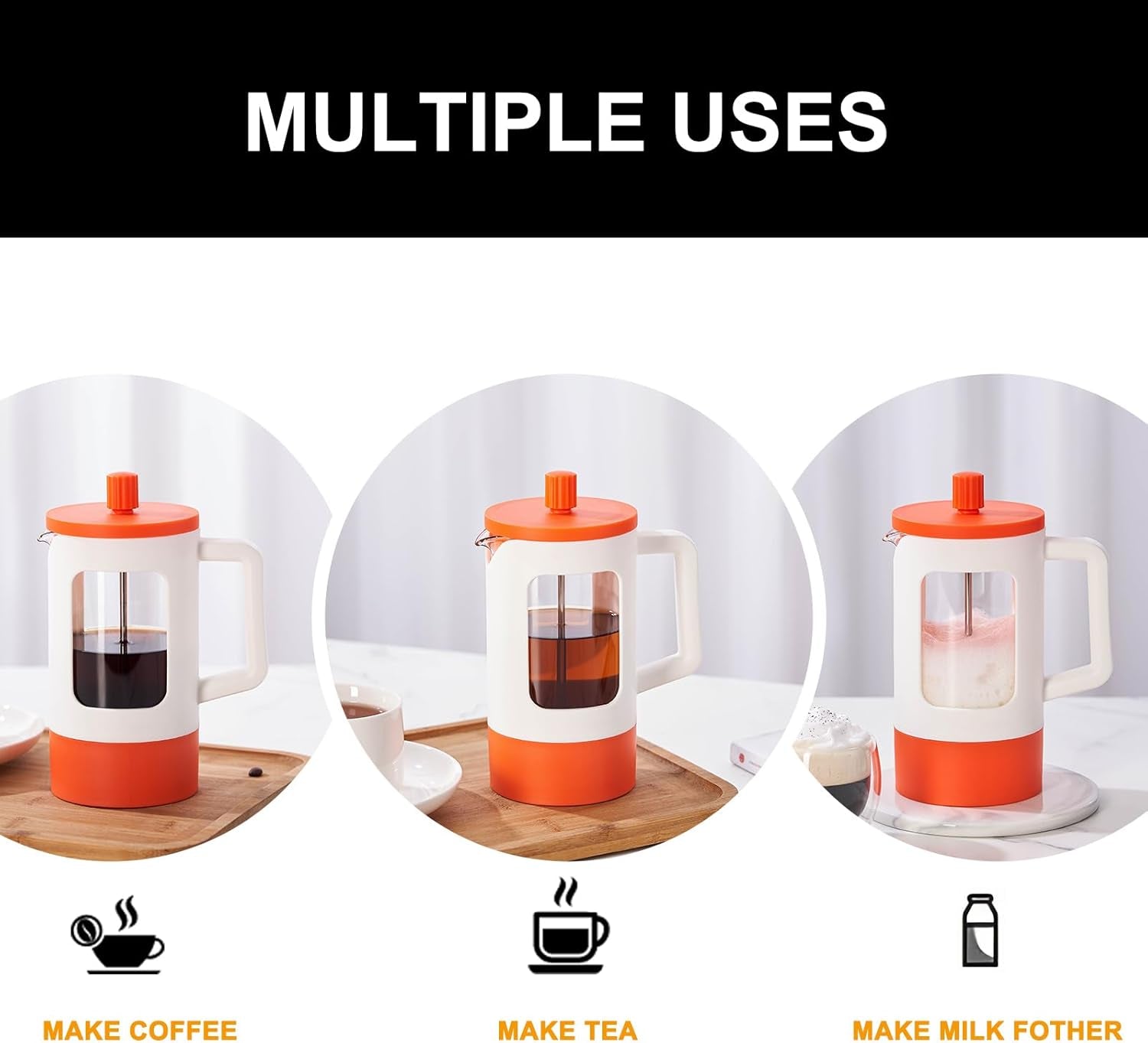 21Oz French Press Coffee Maker, 2 cup heat-resistant glass French press, 4-level filtration coffee maker, portable cold brew coffee press, white and orange French press