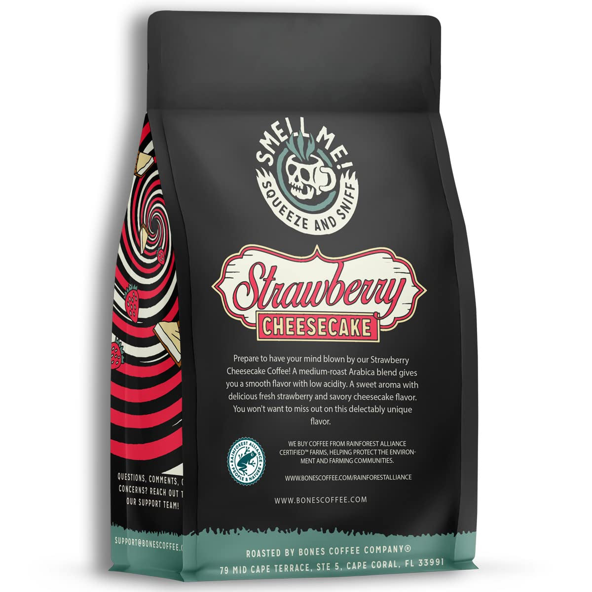 Strawberry Cheesecake Coffee Beans, low acid, dark roast, Arabica, gourmet coffee, vegan friendly, keto friendly, 12 oz bag, fresh strawberry flavor, artisan roasted, sweet aroma.