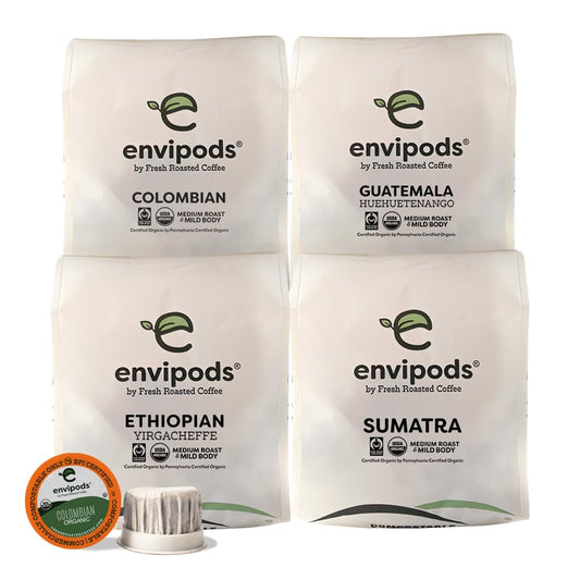 Organic coffee pods, Fair trade coffee pods, Compostable single-serve pods, Keurig compatible coffee, Single origin coffee pods, Organic Colombian coffee, Organic Guatemalan Huehuetenango coffee, Organic Ethiopian Yirgacheffe coffee, Organic Sumatra coffee, Eco-friendly coffee pods.