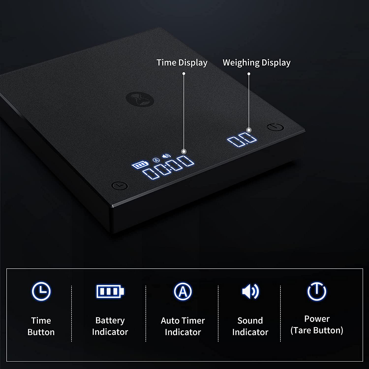 Basic+ coffee scale with timer, 2000g capacity, black, high precision, high-quality materials, advanced functions, USB charging.