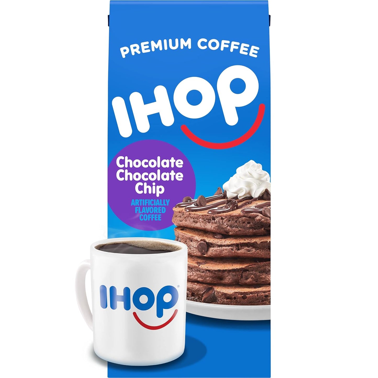 IHOP Chocolate Chocolate Chip flavored ground coffee, 11 oz bag, premium Arabica beans, home brewing, indulgent coffee, kosher certified.