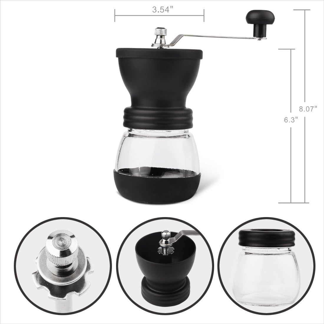 Manual coffee grinder with ceramic burrs, hand coffee mill with glass jars, adjustable grind coffee grinder, easy to clean coffee grinder, portable coffee grinder with brush and scoop, stainless steel handle coffee grinder, ceramic burr coffee grinder, coffee mill with storage jars