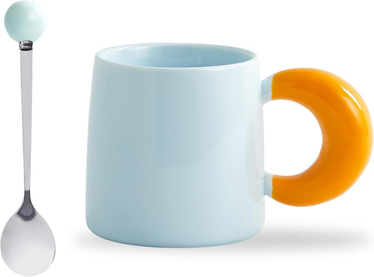 Cute ceramic coffee mug, funny coffee mug with spoon, novelty coffee mug, creative thicker handle mug, dishwasher safe coffee cup, microwave safe mug, blue and orange coffee cup, latte tea milk mug