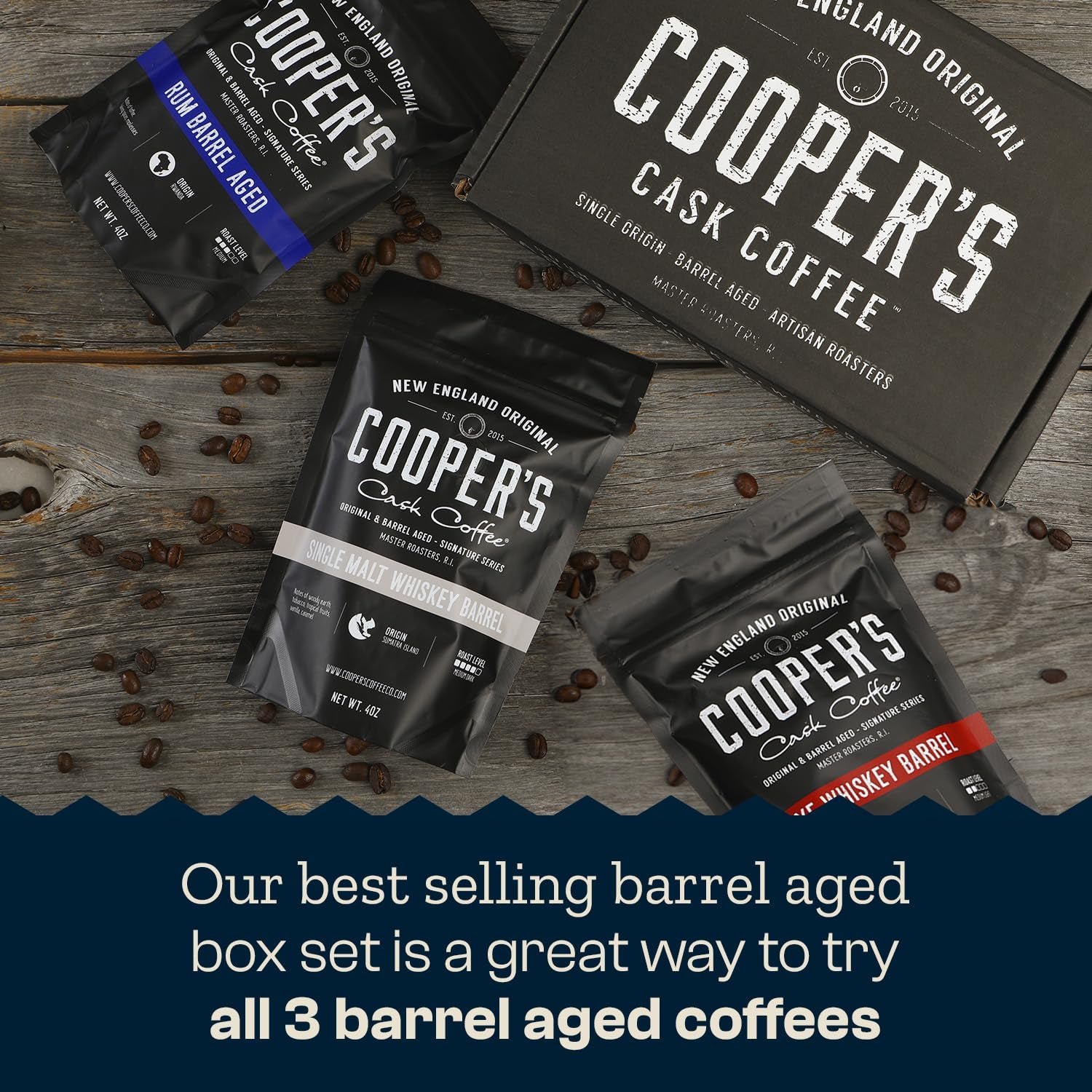 Bourbon Barrel Aged Coffee Bean Set, Single Origin Sumatra, Ethiopian Rye, Rwanda Rum Roasted Coffee Beans, 4oz Pack of 3, Artisan Coffee Roasters, Cooper's Cask Coffee, Whiskey Barrel Aged Coffee, Rum Barrel Aged Coffee, Small Batch Coffee, Grade 1 Coffee Beans