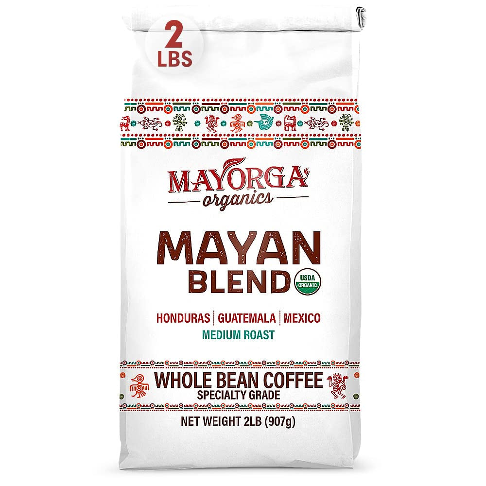 Medium roast whole bean coffee, Mayan blend organic coffee, 2 lb bag Arabica coffee, Mayorga specialty coffee, direct trade coffee beans, chocolate-flavored coffee, sustainably sourced organic coffee, slow-roasted Arabica coffee beans, Mayorga Coffee Mayan blend, Latin American whole bean coffee.