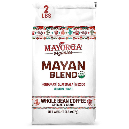 Medium roast whole bean coffee, Mayan blend organic coffee, 2 lb bag Arabica coffee, Mayorga specialty coffee, direct trade coffee beans, chocolate-flavored coffee, sustainably sourced organic coffee, slow-roasted Arabica coffee beans, Mayorga Coffee Mayan blend, Latin American whole bean coffee.