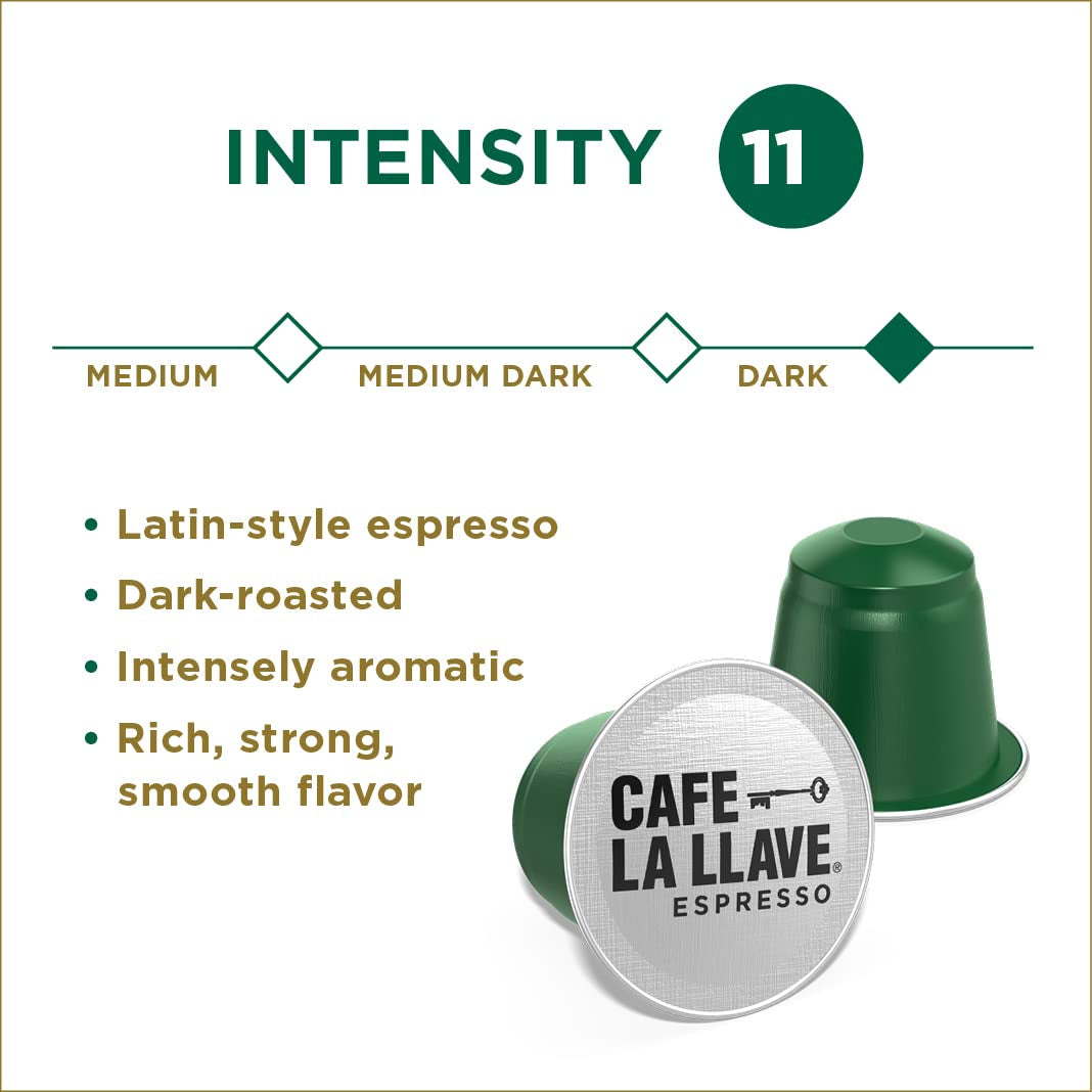 Espresso Capsules, Aluminum Recyclable Pods, Intensity 11 Espresso, Nespresso Compatible Capsules, Café La Llave Coffee Pods