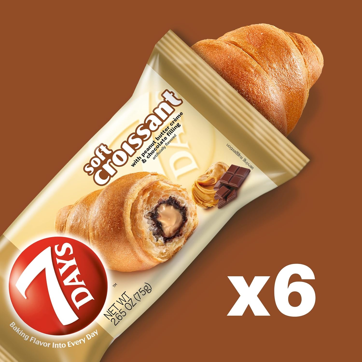 7Days Peanut Butter & Chocolate croissant, individually wrapped pastry, non-GMO breakfast snack, 2.65 oz pack of 6