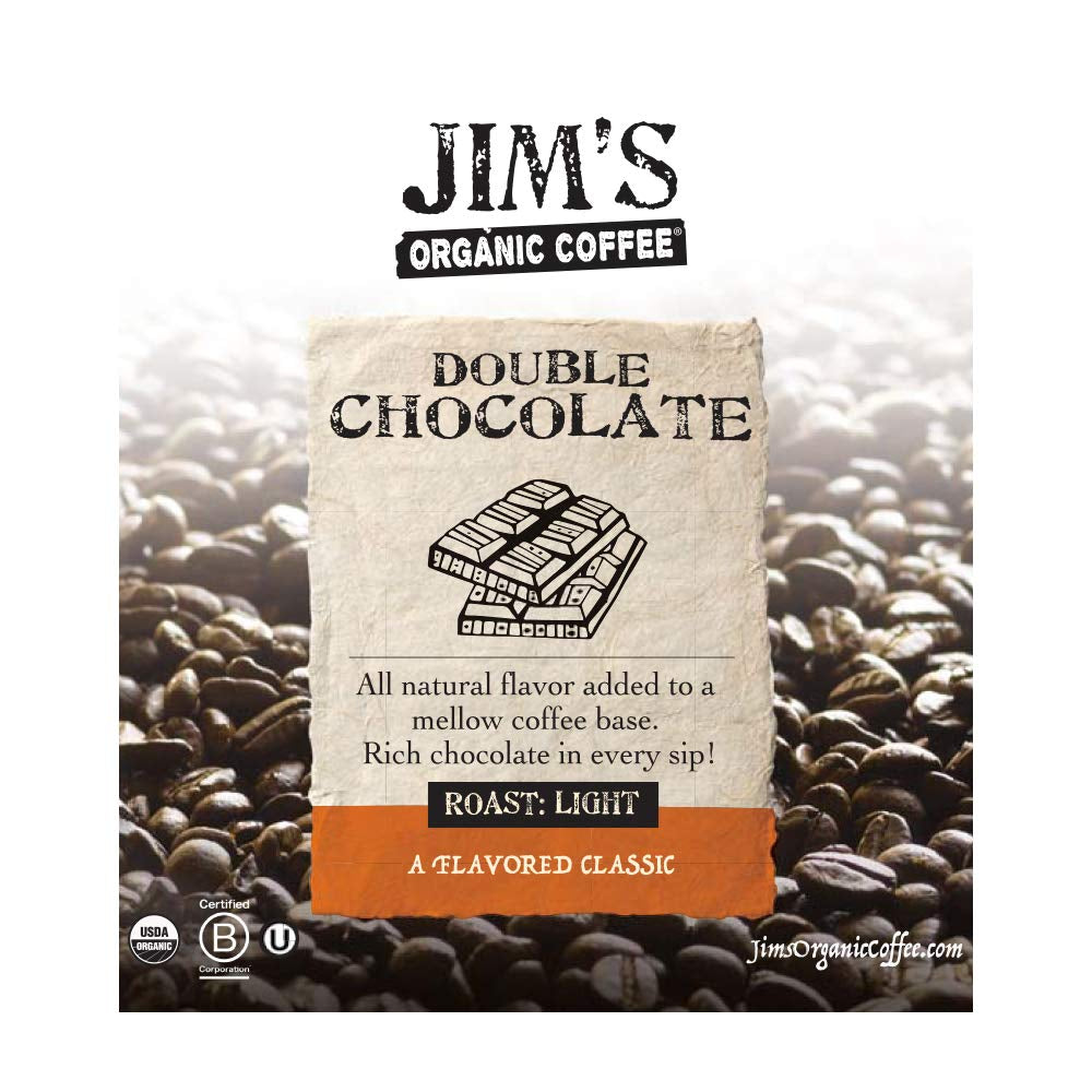 Jim's Organic Coffee Double Chocolate Light Roast 12 oz bag, Rich chocolate flavored organic coffee by Jim's Organic Coffee, Double chocolate ground coffee for drip brewing, USDA Certified Organic and Kosher light roast coffee, Premium 100% Arabica coffee beans with natural chocolate flavor, Artisan roasted chocolate flavored coffee beans, Jim's Organic Coffee with rich chocolate taste, Organic double chocolate coffee made in the USA