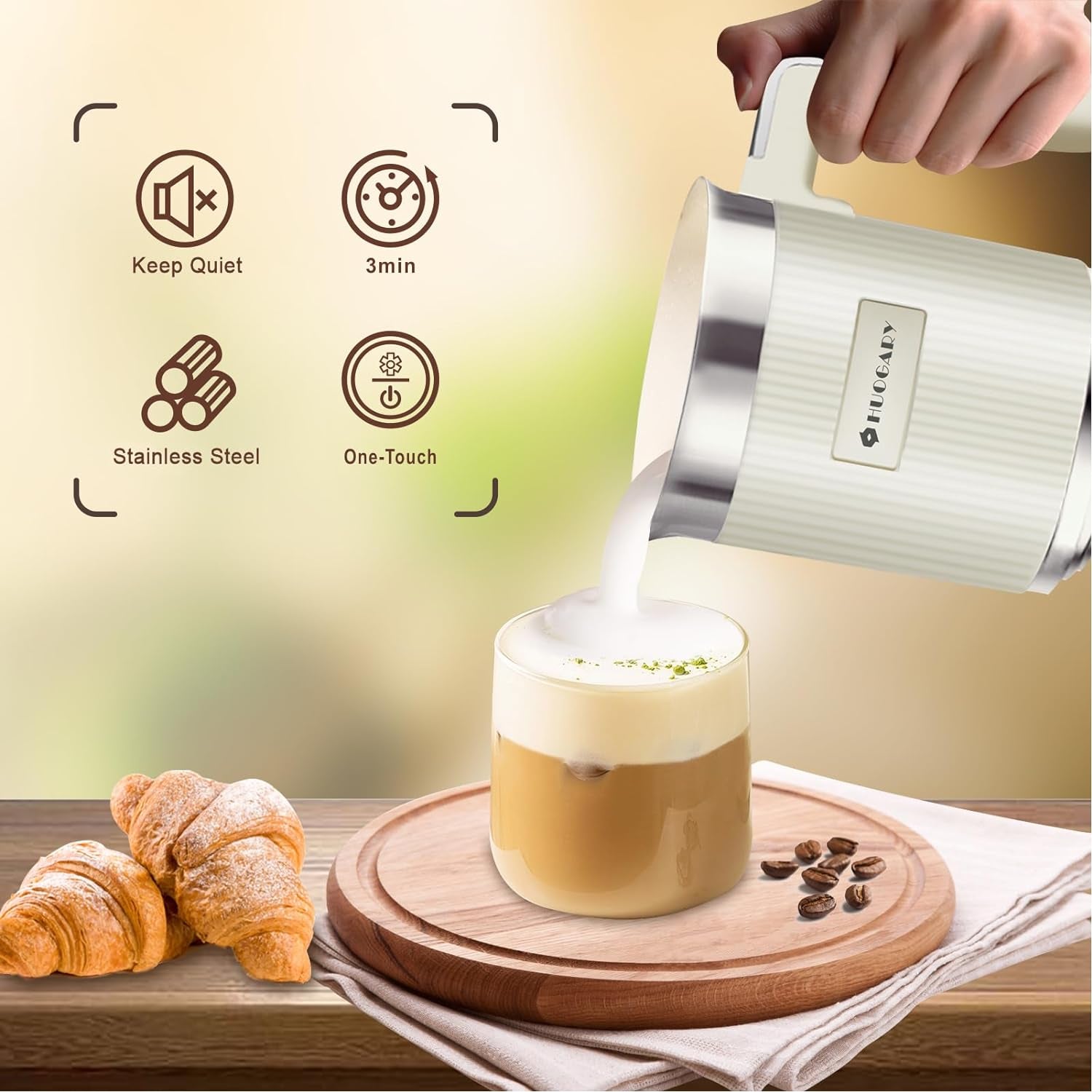 Detachable electric milk frother, 5-in-1 milk steamer, 10.1 oz milk frother, stainless steel milk foamer, hot and cold milk frother, automatic milk frother, Huogary milk frother, dishwasher safe milk frother, large capacity milk foamer, magnetic centrifuge milk frother