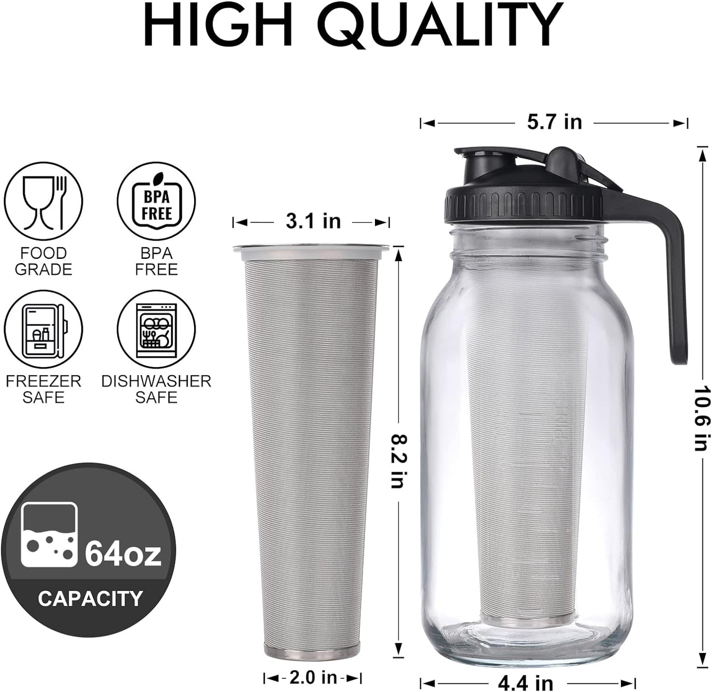 cold brew mason jar, 64 oz iced coffee maker, durable glass coffee pitcher, stainless steel coffee filter, mason jar with handle, homemade iced coffee maker, dishwasher safe mason jar, BPA-free coffee container, easy pour coffee dispenser