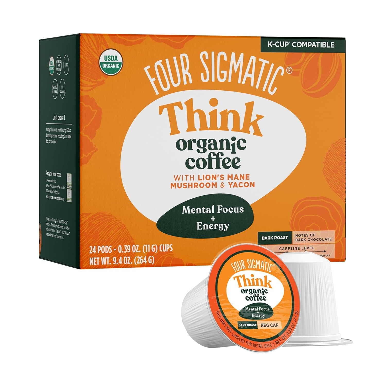 Organic Mushroom Coffee K-Cups, Dark Roast Coffee with Lion’s Mane, Yacon Infused Coffee, Fair Trade Coffee Pods, Immune Support Coffee, Focus Enhancing Coffee