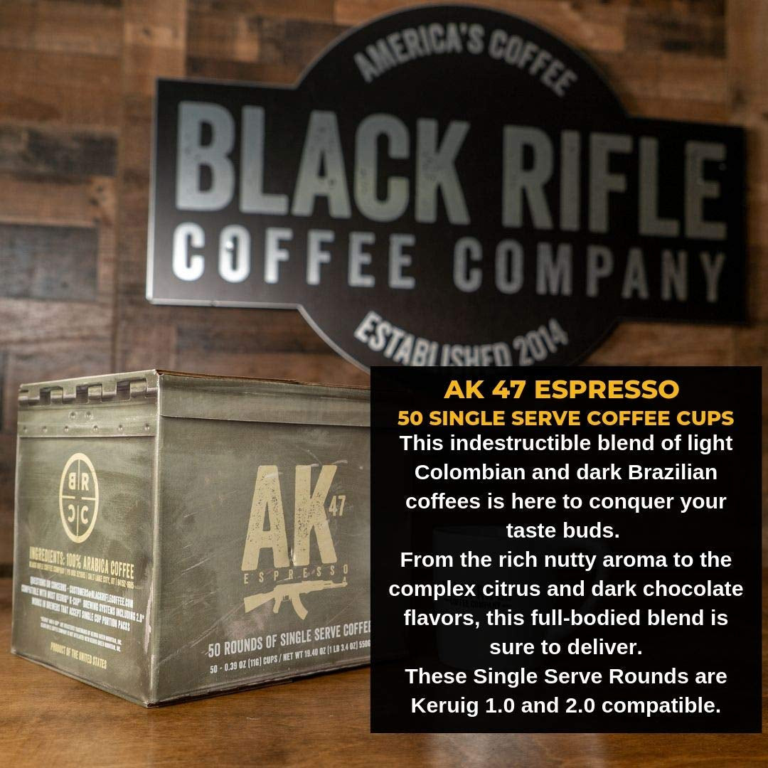 AK Espresso coffee pods, medium roast coffee pods, single serve coffee, high-quality Arabica beans, Black Rifle Coffee Company, Colombian coffee, Brazilian coffee, nutty aroma coffee, citrus dark chocolate coffee, veteran founded coffee