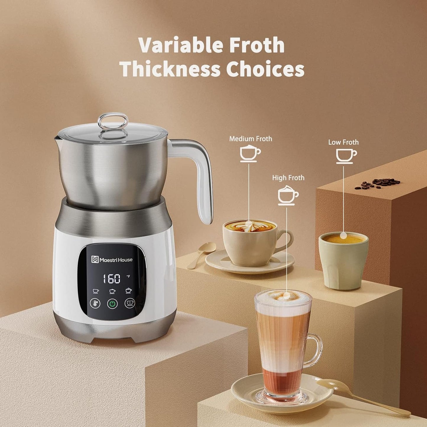 Milk Frother with Variable Temp and Froth Thickness, 21OZ/600ML Smart Touch Control Milk Warmer, Dishwasher Safe, Memory Function for Latte, Cappuccino, Hot Chocolate