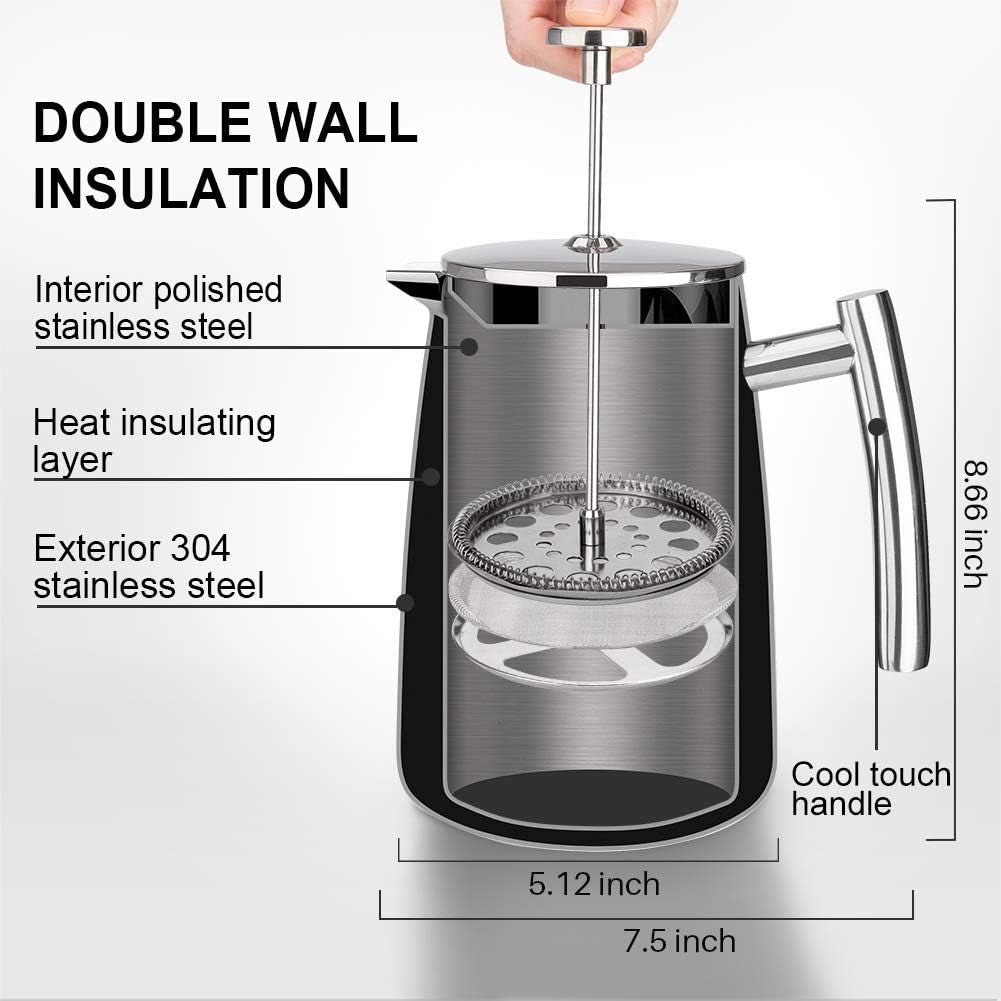  Stainless Steel French Press Coffee Maker, 34-Ounce, Insulated Coffee Press, Extra Screen, Cool Touch Handle