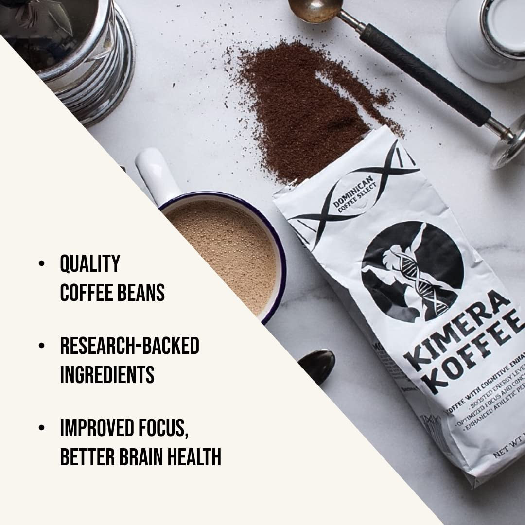 Kimera Koffee Original Blend, Organic Medium Roast Ground Coffee, 12Oz, vitamin-infused with Taurine, Alpha GPC, DMAE, L-Theanine, designed for cognitive support and athletic performance.