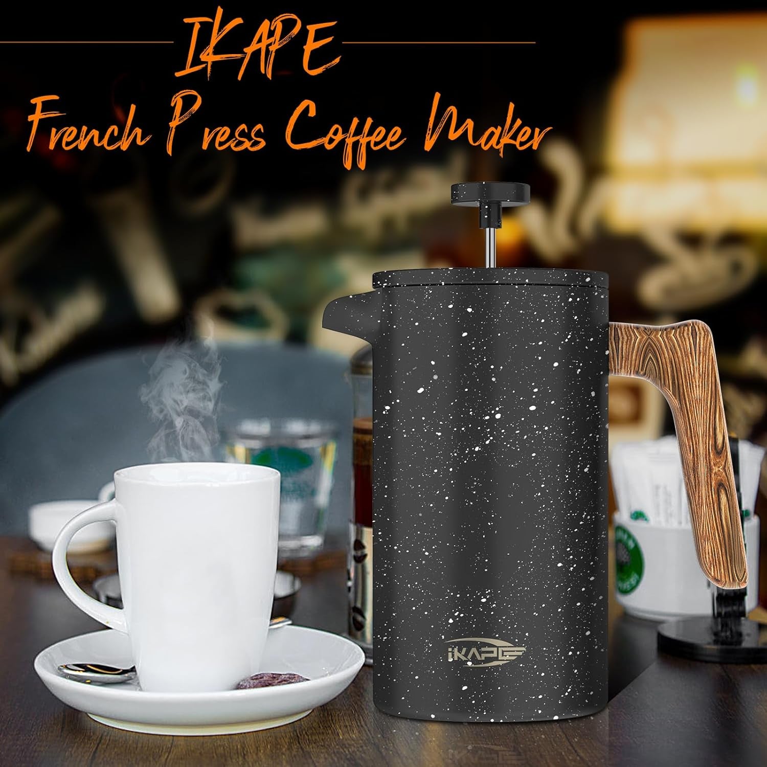 French Press Coffee Maker, 34 OZ Stainless Steel Coffee Press, Starry Black Espresso Maker, 4 Level Filtration System French Press, Wooden Handle Coffee Press, Pure Flavored Coffee Maker, IKAPE French Press, Easy Clean Coffee Press