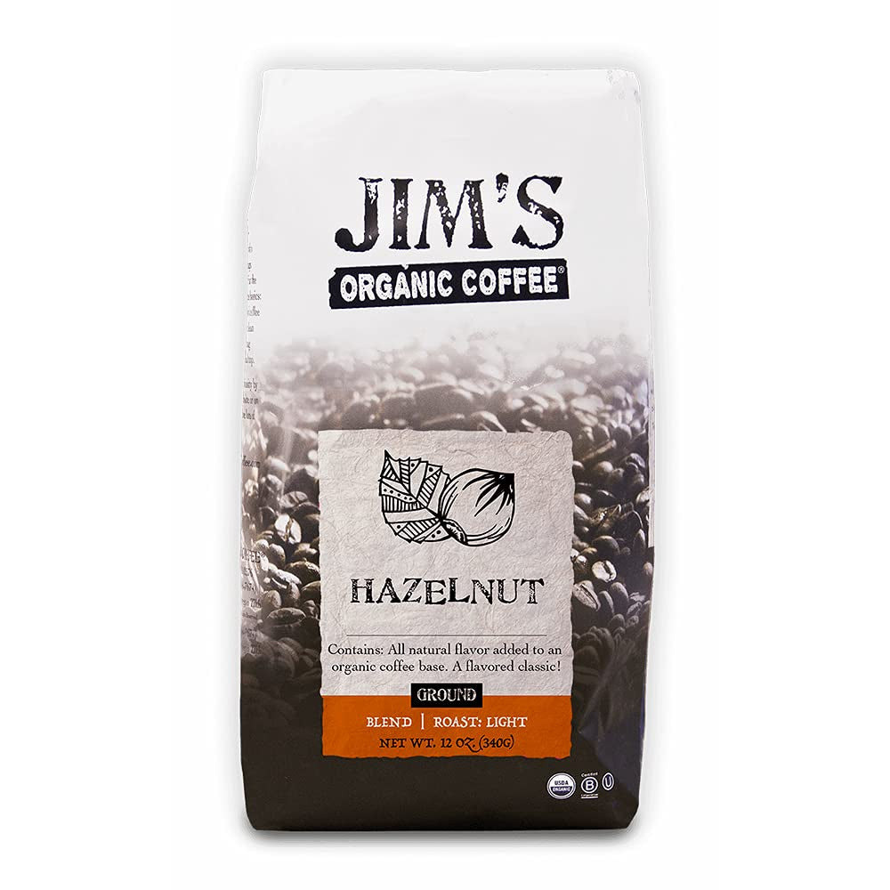 Jim's Organic Coffee Hazelnut Light Roast 12 oz bag, Rich hazelnut flavored organic coffee by Jim's Organic Coffee, Hazelnut ground coffee for drip brewing, USDA Certified Organic and Kosher light roast coffee, Premium 100% Arabica coffee beans with natural hazelnut flavor, Artisan roasted hazelnut flavored coffee beans, Jim's Organic Coffee with rich hazelnut taste, Organic hazelnut coffee made in the USA