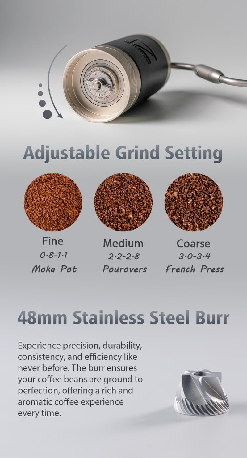 Manual coffee grinder, Stainless steel conical burr grinder, Portable manual coffee grinder, Foldable handle coffee grinder, Consistent grind manual coffee grinder, Easy to clean coffee grinder, 1Zpresso J grinder, Specialty coffee grinder, Compact coffee grinder, 48mm stainless steel burr grinder