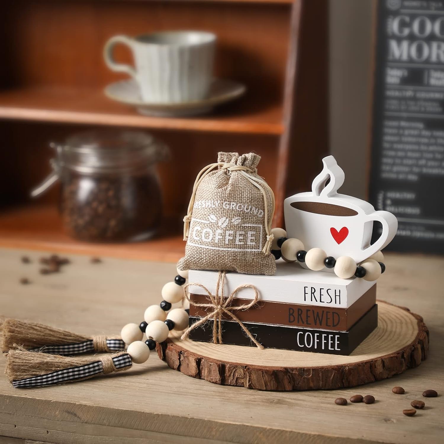 coffee bar decor set, rustic farmhouse coffee accessories, mini coffee table sign, tiered tray decor, wooden book stacks, coffee bar decorations, coffee station decor, high-quality coffee signs, decorative coffee accessories, housewarming gift ideas