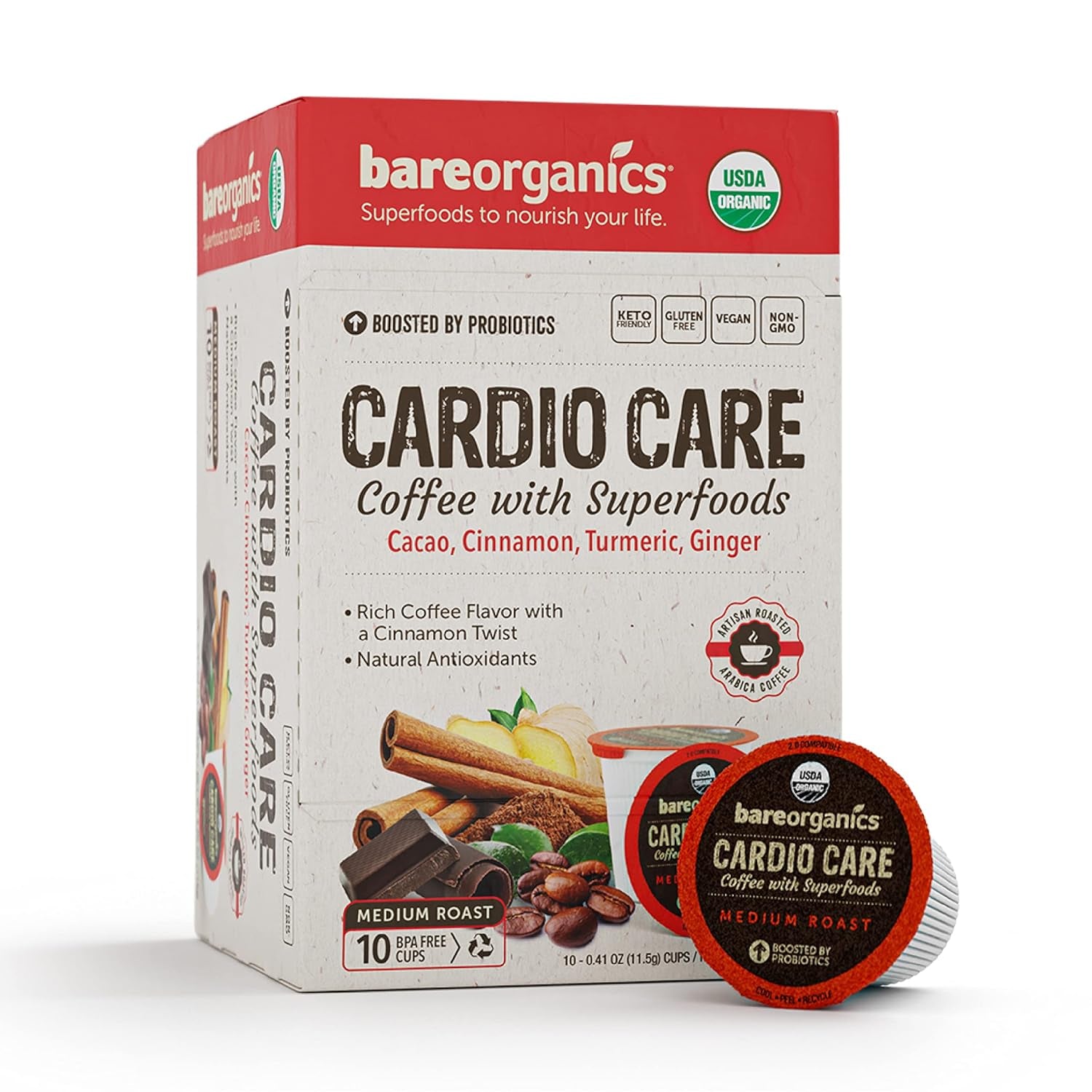 Cardio care coffee pods, Organic coffee with probiotics, Keurig compatible coffee, Superfood infused coffee, Heart health coffee pods, Vegan friendly coffee, Gluten free coffee, Probiotic coffee for digestion, Cacao cinnamon coffee, Fair trade organic coffee.