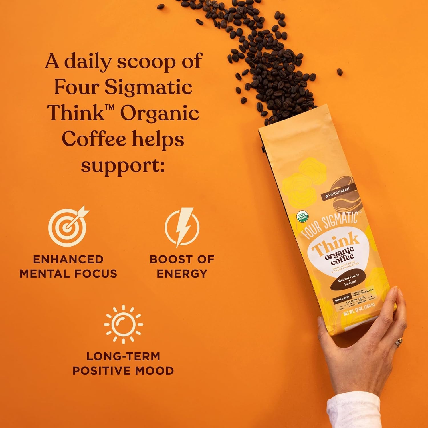 Dark roast coffee beans with Lion’s Mane and Chaga mushrooms, nootropic mushroom coffee, immune-boosting organic coffee, fair trade coffee beans, whole bean coffee with brain function support.