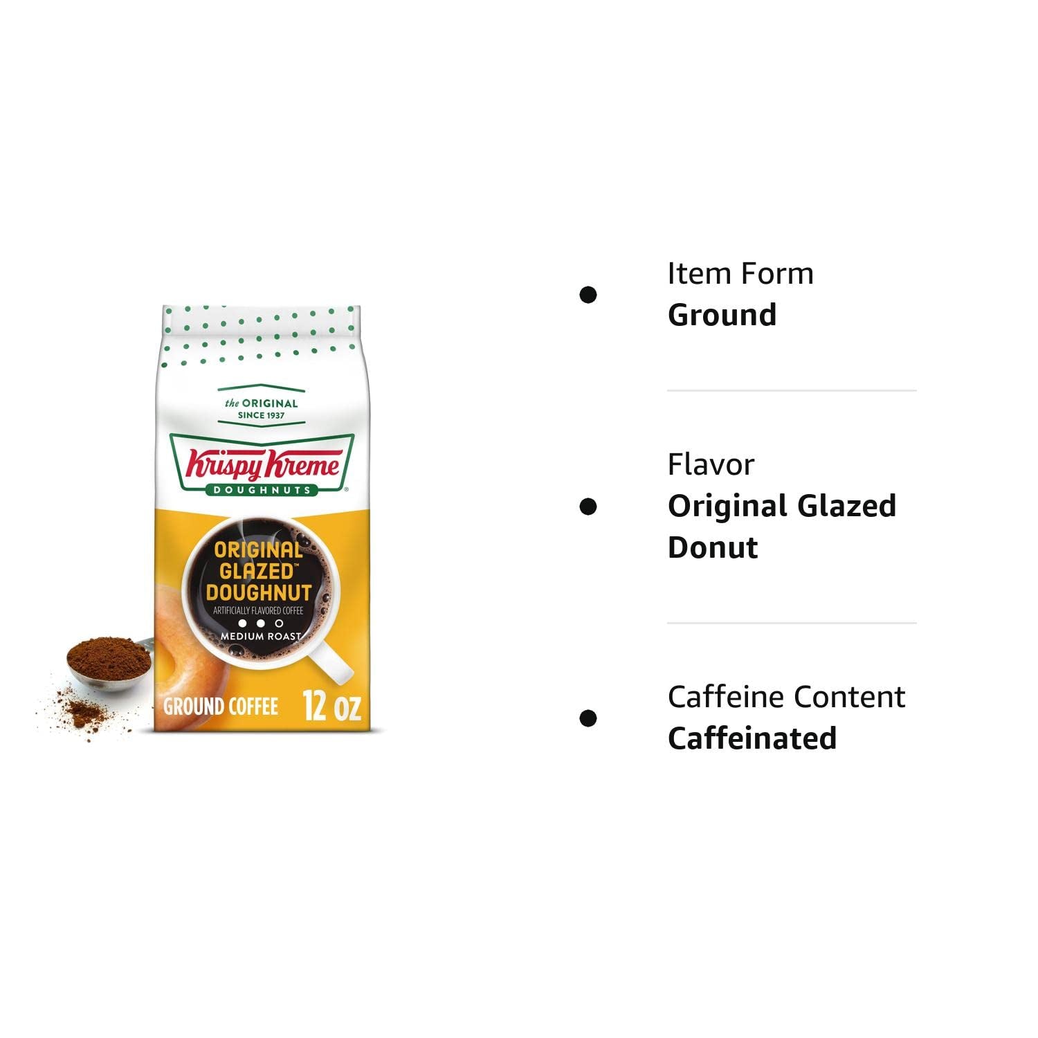 Original Glazed Donut Ground Coffee, medium roast, sweet and smooth flavor, 12 oz bag, Krispy Kreme coffee, iconic doughnut taste, kosher certified.