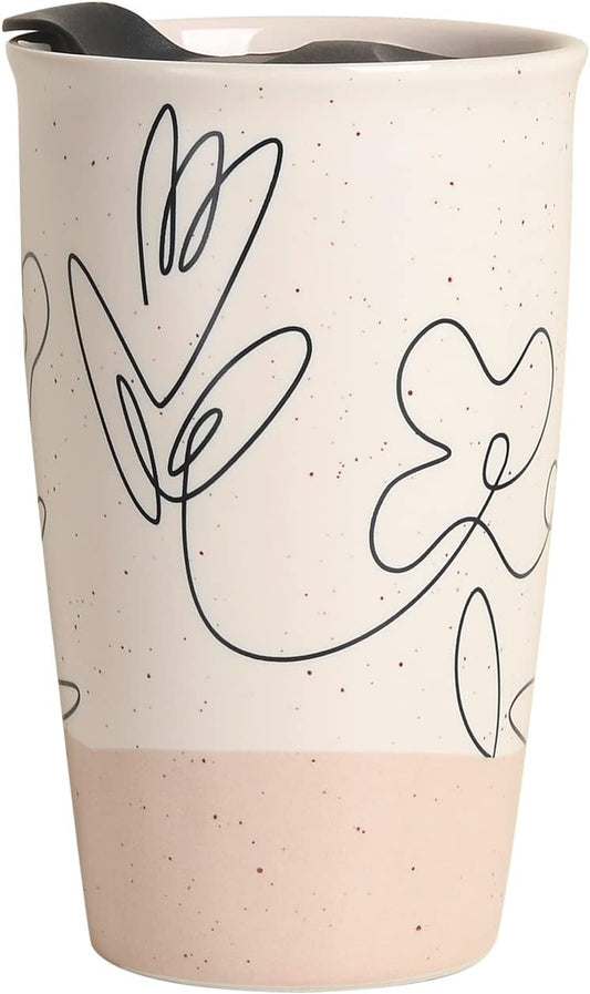 flower pattern ceramic mug, double wall coffee mug, insulated travel mug, 11 oz ceramic tumbler, speckled beige coffee mug, lead-free ceramic mug, BPA-free lid coffee cup, floral design travel mug, dishwasher safe ceramic mug