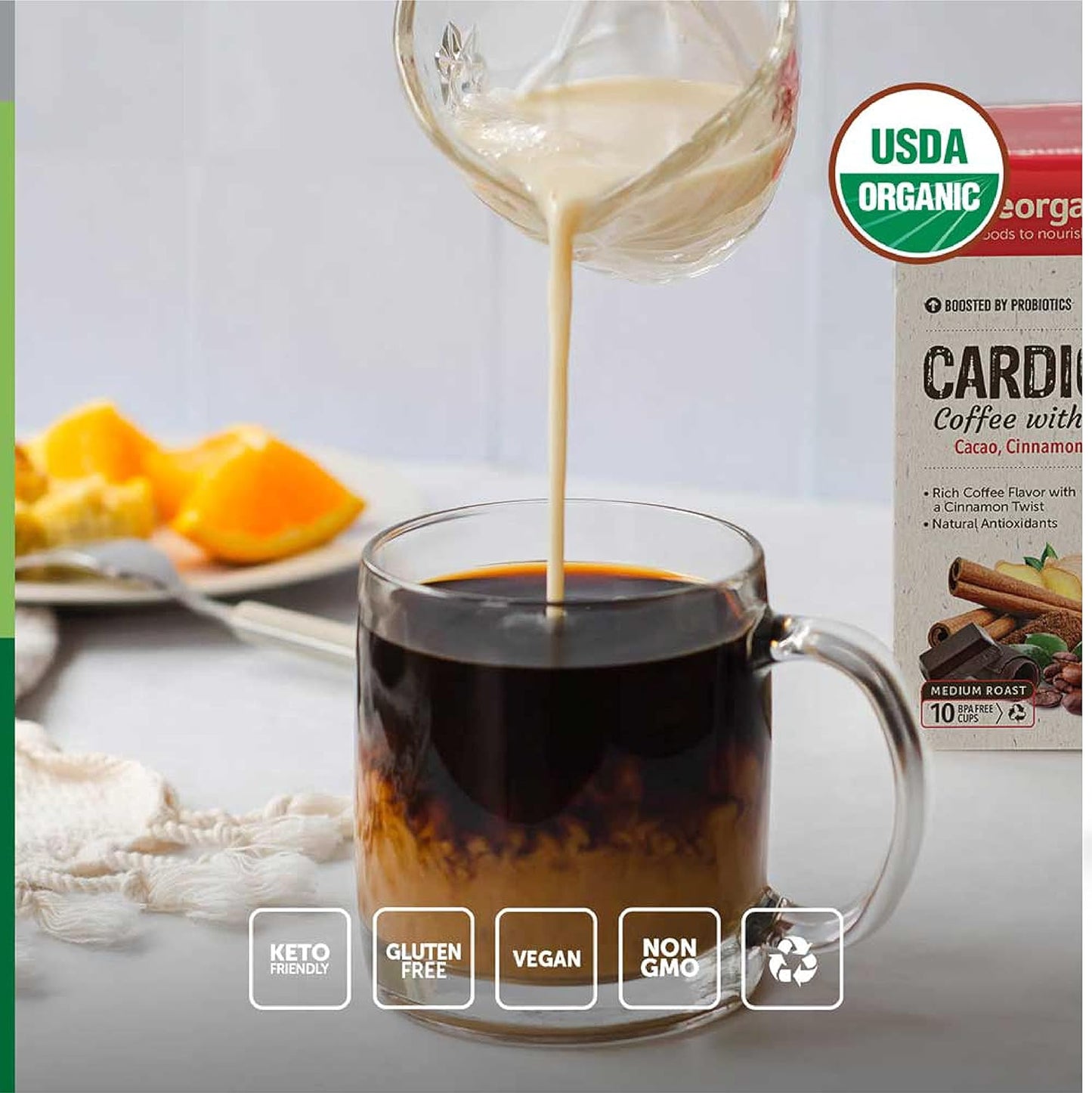 Cardio care coffee pods, Organic coffee with probiotics, Keurig compatible coffee, Superfood infused coffee, Heart health coffee pods, Vegan friendly coffee, Gluten free coffee, Probiotic coffee for digestion, Cacao cinnamon coffee, Fair trade organic coffee.