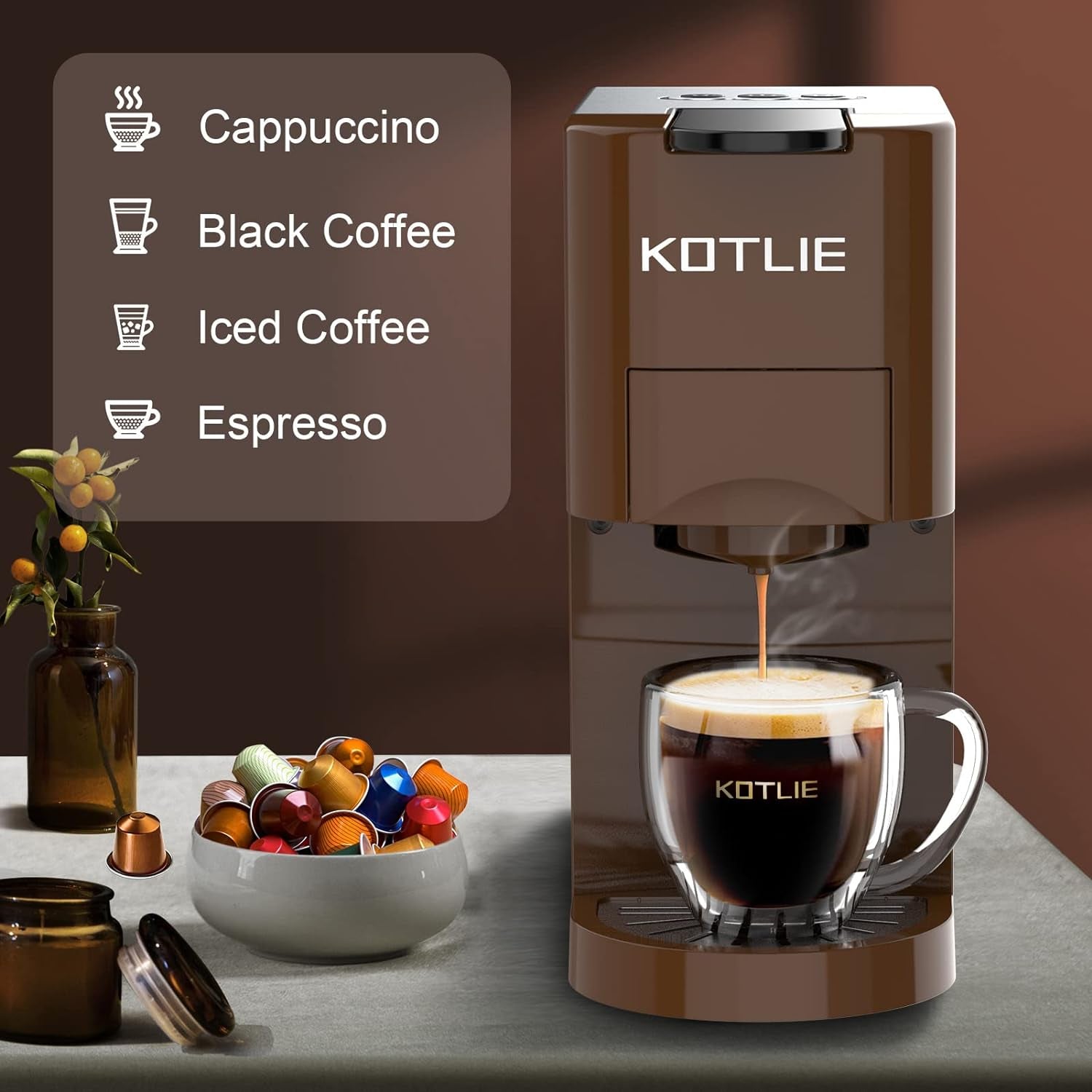 4-in-1 Espresso Machine, Single Serve Coffee Maker, Nespresso Compatible, K-Cup Coffee Machine, Ground Coffee Brewer, Illy ESE Pod Coffee Maker